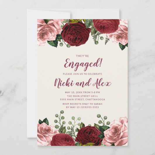 Romantic Burgundy Blush Pink Floral Verloving Kaart (Voorkant)