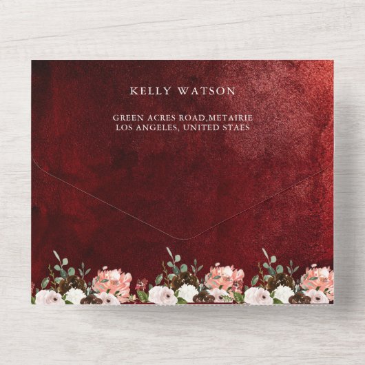 Romantic burgundy Blush Pink floral Wedding All In One Uitnodiging (Achterkant)