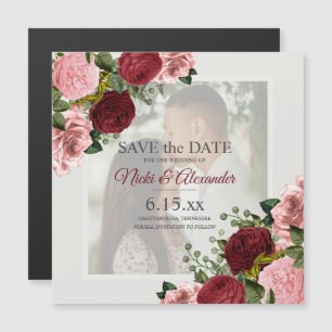 Romantic Burgundy Blush Pink Photo Save Date Magnetische Uitnodiging