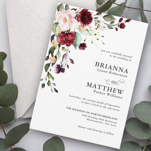 Romantic Burgundy Blush Plum Green Floral Wedding Kaart