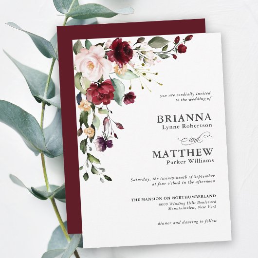 Romantic Burgundy Blush Plum Green Floral Wedding Kaart