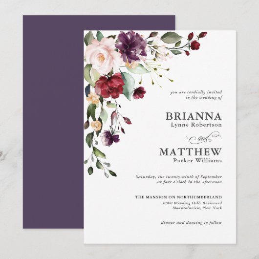 Romantic Burgundy Blush Plum Green Floral Wedding Kaart (Voorkant / Achterkant)