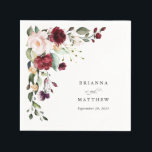 Romantic Burgundy Blush Plum Green Floral Wedding Servet<br><div class="desc">Dit charmante romantische papieren servetontwerp heeft een prachtig bloemboeket in de stijlvolle kleurencombinatie van bordeaux rood, blush roze, pruim paarse en perzik met weelderig groen verspreid over de hele wereld. Een tekst sjabloon is opgenomen om te personaliseren met de namen van de bruid en bruidegom en trouwdatum. Het maakt een...</div>