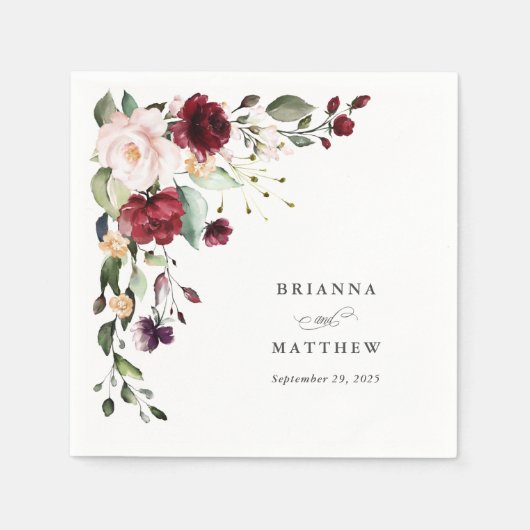 Romantic Burgundy Blush Plum Green Floral Wedding Servet (Voorkant)