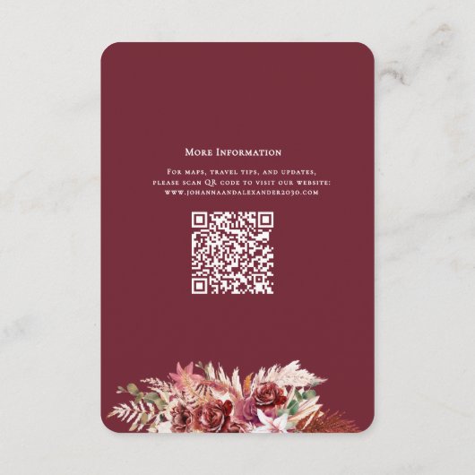 Romantic Burgundy & Blush QR Code Wedding Details  Informatiekaartje (Achterkant)