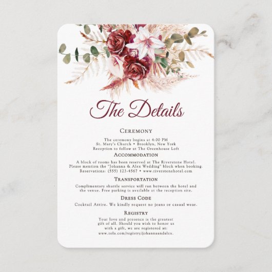 Romantic Burgundy & Blush QR Code Wedding Details  Informatiekaartje (Voorkant)