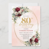 Romantic Burgundy Boho Floral 80th Birthday Invite Kaart (Voorkant)