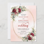 Romantic Burgundy Boho Floral Gold Wedding Invite Kaart (Voorkant)