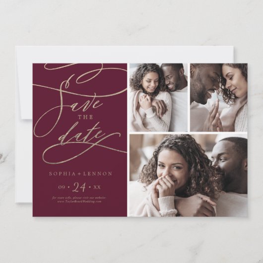 Romantic Burgundy Calligrafie 3 Foto Collage Save The Date (Voorkant)