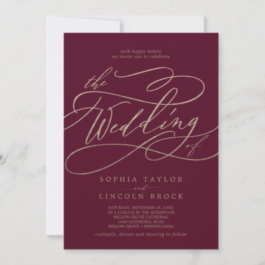 Romantic Burgundy Calligraphy Front & Back Wedding Kaart (Voorkant)
