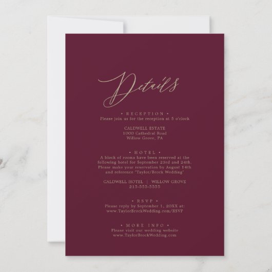 Romantic Burgundy Calligraphy Front & Back Wedding Kaart (Achterkant)