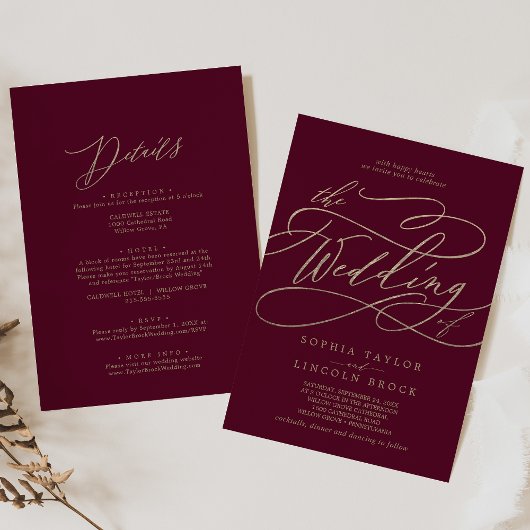 Romantic Burgundy Calligraphy Front & Back Wedding Kaart