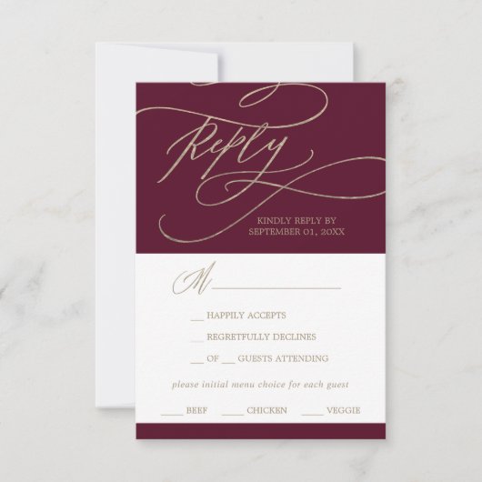 Romantic Burgundy Calligraphy Menu Choice RSVP (Voorkant)