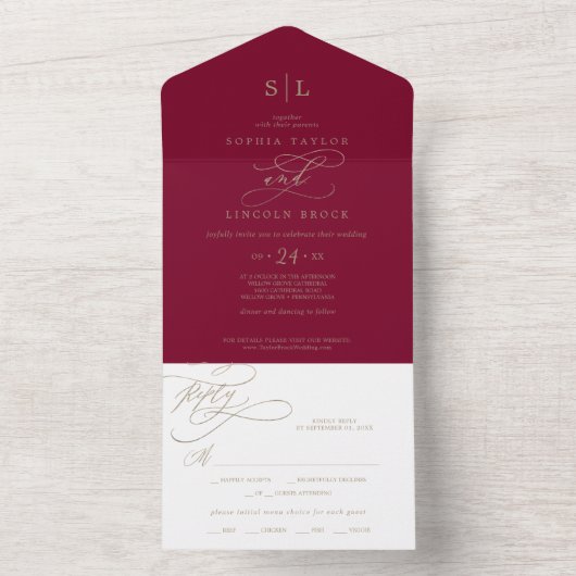 Romantic Burgundy Calligraphy Monogram Weddenschap All In One Uitnodiging (Binnen)