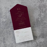 Romantic Burgundy Calligraphy Monogram Weddenschap All In One Uitnodiging<br><div class="desc">Deze romantische bogundy kalligrafie-monogram bruiloft in één uitnodiging is perfect voor een eenvoudige bruiloft. Het moderne klassieke ontwerp is voorzien van fancy draden en grillen met prachtige elegante handgeschreven faux champagne Gold folie-typografie. Schrijf uw gastadressen achterin de volgende uitnodiging met de hand of koop de coördinerende stickers van het gastenadres...</div>