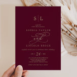 Romantic Burgundy Calligraphy Monogram Wedding Kaart<br><div class="desc">Deze romantische bruinkoolkalligrafie-monogram bruiloft is perfect voor een eenvoudige bruiloft. Het moderne klassieke ontwerp is voorzien van fancy draden en grillen met prachtige elegante handgeschreven faux champagne Gold folie-typografie. Opmerking: dit ontwerp is niet voorzien van echte gouden folie. Het is een afbeelding van hoge kwaliteit die gemaakt is om op...</div>