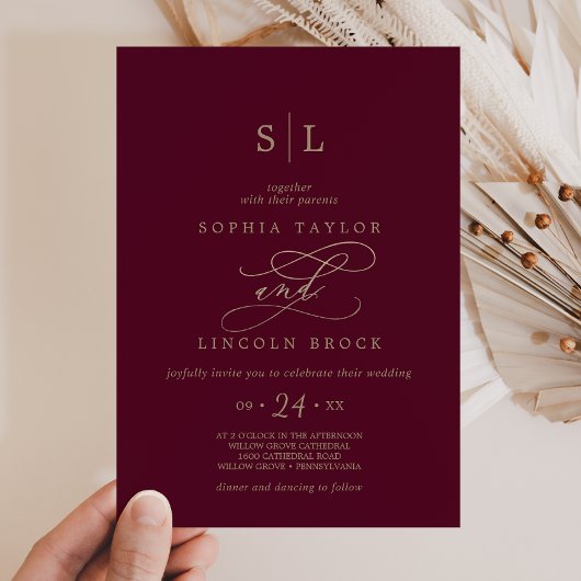 Romantic Burgundy Calligraphy Monogram Wedding Kaart