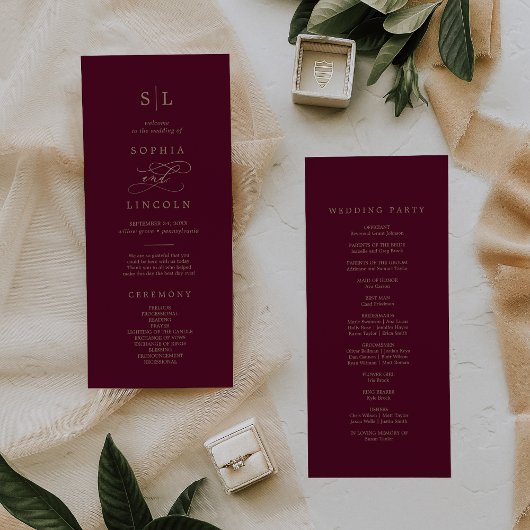 Romantic Burgundy Calligraphy Monogram Wedding Programmakaart