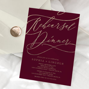 Romantic Burgundy Calligraphy Rehearsal Dinner Kaart