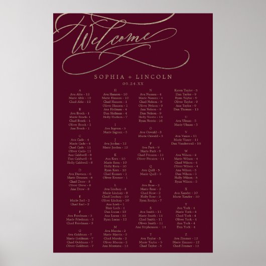 Romantic Burgundy Calligraphy Seating Chart Poster (Voorkant)