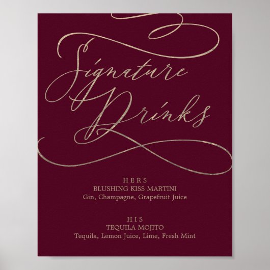 Romantic Burgundy Calligraphy Signature Drinken Poster (Voorkant)