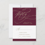 Romantic Burgundy Calligraphy Simple RSVP-kaart RSVP Kaartje<br><div class="desc">Deze romantische bogundy-kalligrafie eenvoudige RSVP-kaart is perfect voor een eenvoudige bruiloft. Het moderne klassieke ontwerp is voorzien van fancy zwellingen en grillen met een prachtige elegante handgeschreven faux champagne Gold faux typografie. Opmerking: dit ontwerp is niet voorzien van echte gouden folie. Het is een afbeelding van hoge kwaliteit die gemaakt...</div>