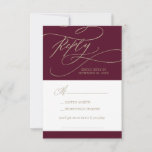 Romantic Burgundy Calligraphy Song RSVP Card<br><div class="desc">Dit romantische bogundy-kalligrafie-lied vraagt om RSVP-kaart is perfect voor een eenvoudige bruiloft. Het moderne klassieke ontwerp is voorzien van fancy draden en grillen met prachtige elegante handgeschreven faux champagne Gold folie-typografie. Bouw je trouwgastenlijst en je dansvloerzang allemaal tegelijk! Deze trouwreactiekaart vraagt gasten gemakkelijk of ze je bruiloft kunnen bijwonen, en...</div>