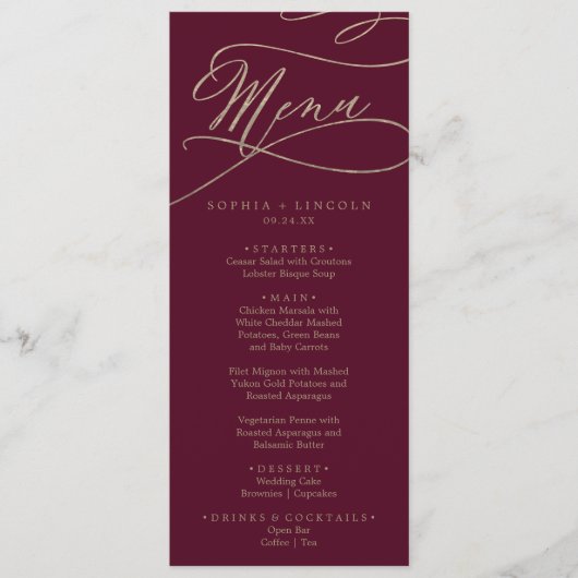 Romantic Burgundy Calligraphy Weddenrenmenu Menu (Voorkant)