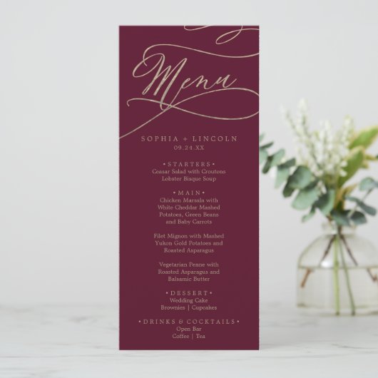 Romantic Burgundy Calligraphy Weddenrenmenu Menu (Staand voorkant)