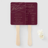 Romantic Burgundy Calligraphy Wedding Programme Fa Handwaaier (Voorkant en achterkant)