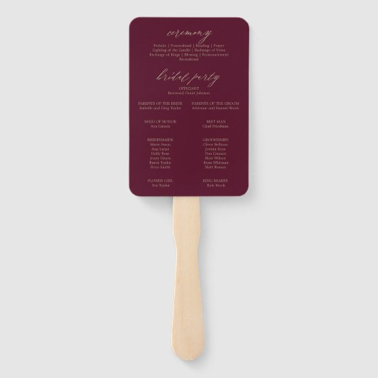 Romantic Burgundy Calligraphy Wedding Programme Fa Handwaaier (Achterkant)