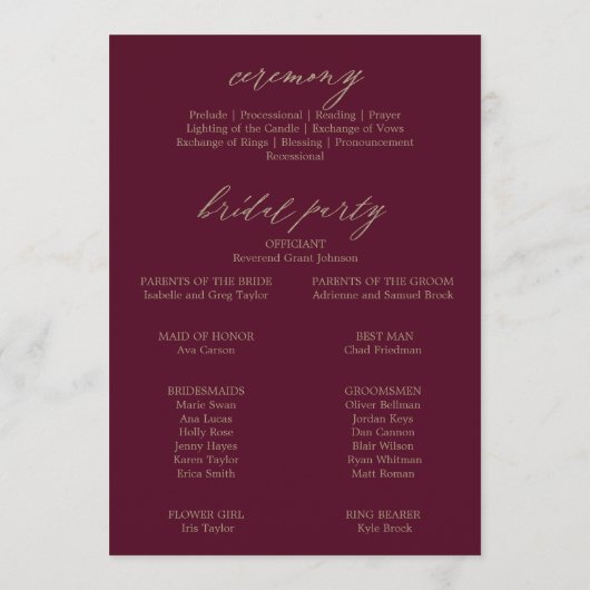 Romantic Burgundy Calligraphy Wedding Programme Programmakaart (Achterkant)