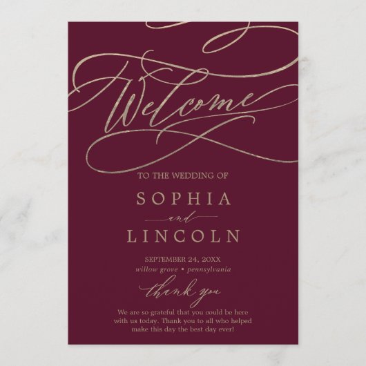 Romantic Burgundy Calligraphy Wedding Programme Programmakaart (Voorkant)