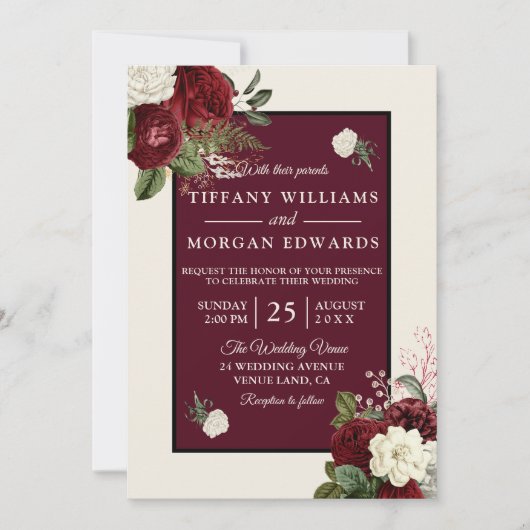Romantic Burgundy Champagne White Floral Wedding Kaart (Voorkant)