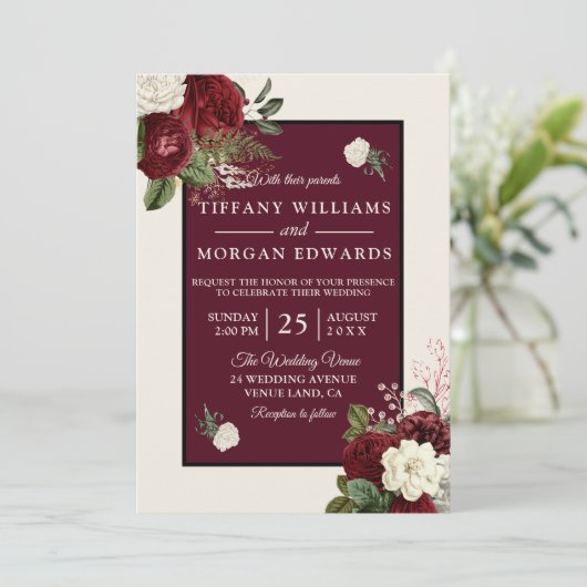 Romantic Burgundy Champagne White Floral Wedding Kaart (Staand voorkant)