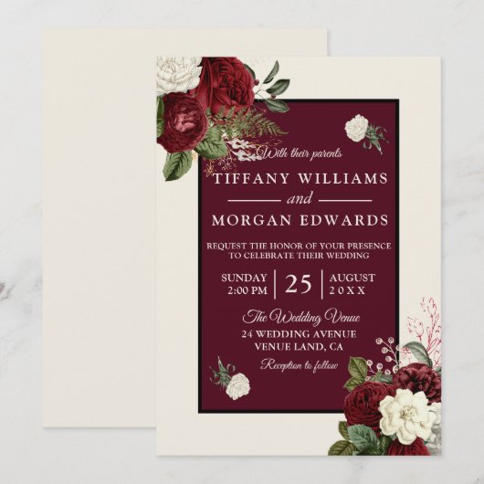 Romantic Burgundy Champagne White Floral Wedding Kaart (Voorkant / Achterkant)