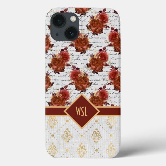 Romantic Burgundy en Blush Rozen op Gold Damask Case-Mate iPhone Case (Achterkant)