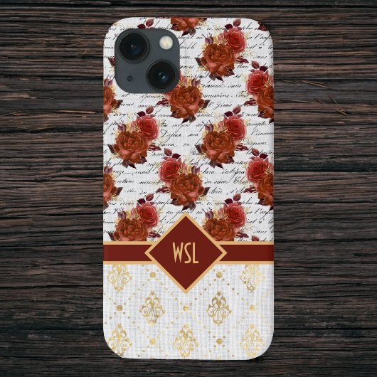 Romantic Burgundy en Blush Rozen op Gold Damask Case-Mate iPhone Case