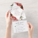 Romantic Burgundy Eucalyptus Weddenschap Herfst All In One Uitnodiging<br><div class="desc">Romantic Chic and Modern Burgundy Floral Flowers Boho Bohemian Botanical Eucalyptus Greenery and Red Roses Waterverf Wedding Autumn (Herfst),  Winter,  Spring of Summer Invitations - bevat prachtige en elegante scripttypografie voor de speciale huwelijksfeestdag.</div>