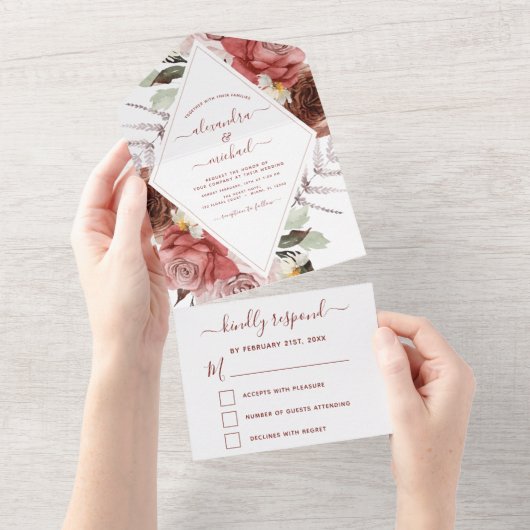 Romantic Burgundy Eucalyptus Wedding Herfst All In One Uitnodiging (Afscheurbaar)