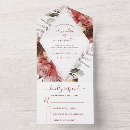Romantic Burgundy Eucalyptus Wedding Herfst All In One Uitnodiging (Binnen)