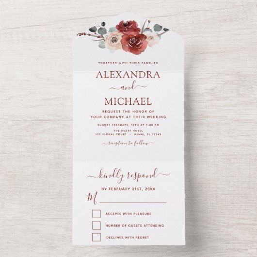 Romantic Burgundy Eucalyptus Wedding Herfst All In One Uitnodiging (Binnen)