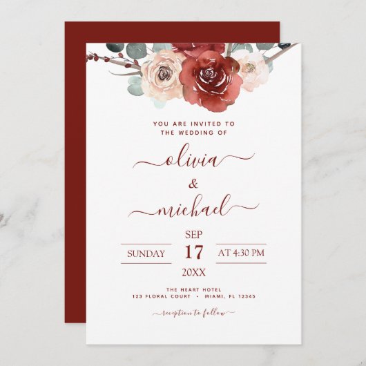 Romantic Burgundy Eucalyptus Wedding Herfst Kaart (Voorkant / Achterkant)