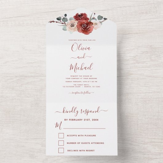 Romantic Burgundy Eucalyptus Wedding Herfst RSVP All In One Uitnodiging (Binnen)
