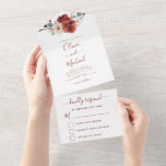 Romantic Burgundy Eucalyptus Wedding Herfst RSVP All In One Uitnodiging<br><div class="desc">Romantic Chic and Modern Burgundy Floral Flowers Boho Bohemian Botanical Eucalyptus Greenery and Red Roses Waterverf Wedding and RSVP Autumn (Herfst),  Winter,  Spring of Summer Invitations - bevat prachtige en elegante scripttypografie voor de speciale huwelijksfeest.</div>
