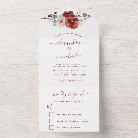 Romantic Burgundy Eucalyptus Wedding Herfst RSVP All In One Uitnodiging (Binnen)
