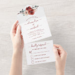 Romantic Burgundy Eucalyptus Wedding Herfst RSVP All In One Uitnodiging<br><div class="desc">Romantic Chic and Modern Burgundy Floral Flowers Boho Bohemian Botanical Eucalyptus Greenery and Red Roses Waterverf Wedding and RSVP Autumn (Herfst),  Winter,  Spring of Summer Invitations - bevat prachtige en elegante scripttypografie voor de speciale huwelijksfeest.</div>