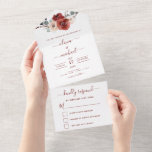 Romantic Burgundy Eucalyptus Wedding Herfst RSVP All In One Uitnodiging<br><div class="desc">Romantic Chic and Modern Burgundy Floral Flowers Boho Bohemian Botanical Eucalyptus Greenery and Red Roses Waterverf Wedding and RSVP Autumn (Herfst),  Winter,  Spring of Summer Invitations - bevat prachtige en elegante scripttypografie voor de speciale huwelijksfeest.</div>