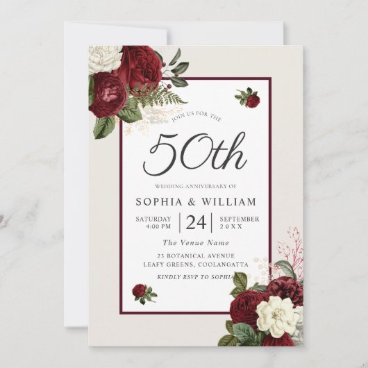 Romantic Burgundy Floral 50th Wedding Jubileum Kaart (Voorkant)