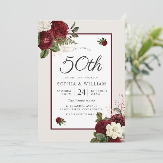 Romantic Burgundy Floral 50th Wedding Jubileum Kaart (Staand voorkant)